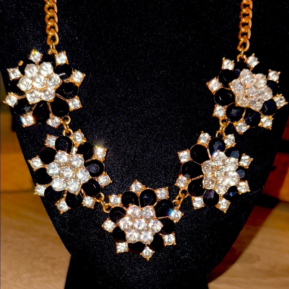 Vintage Gold and Black rhinestone Floral Necklace